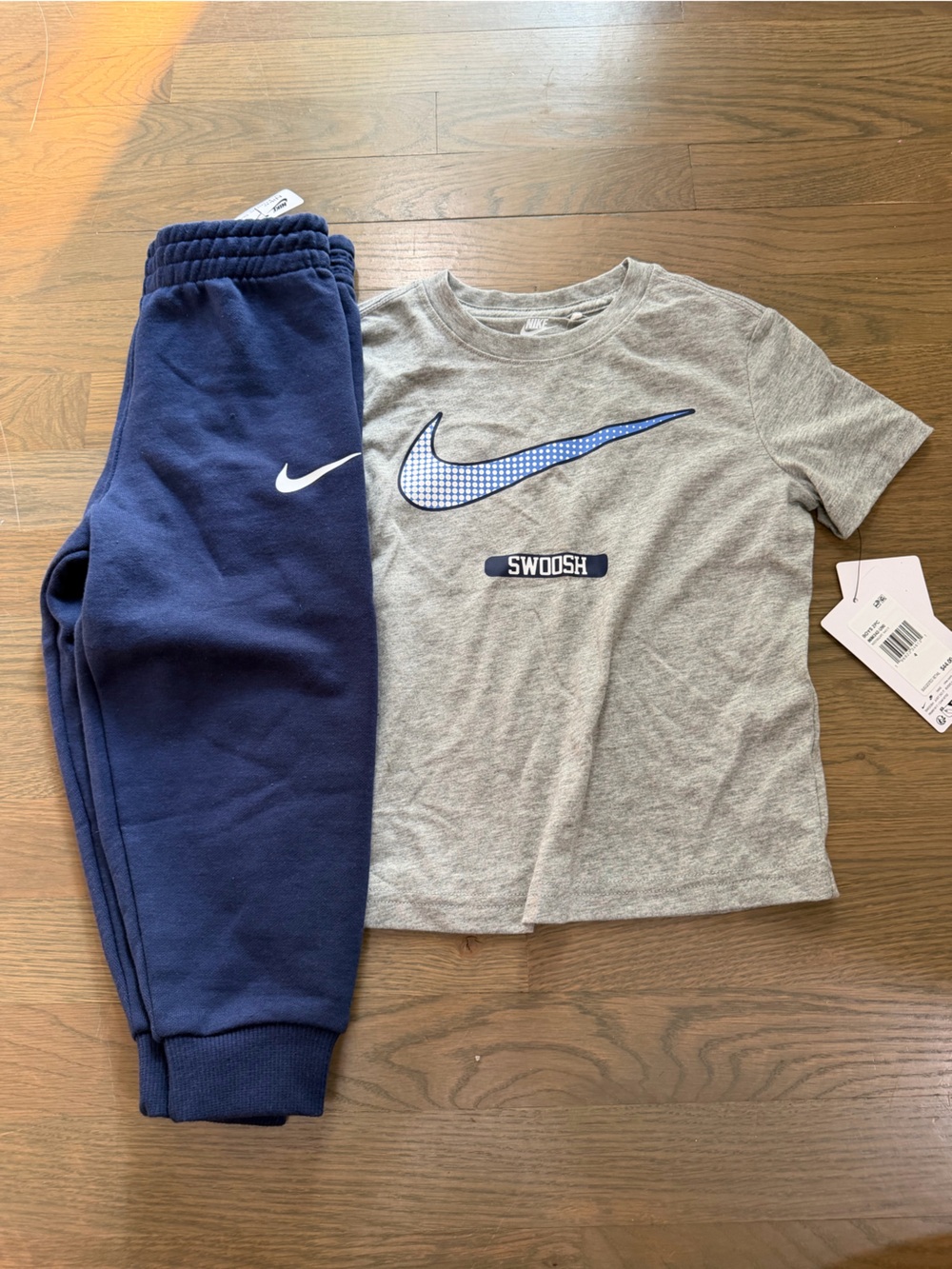 Nike Grey Tee and Navy Sweatpants Set with Blue Swoosh size 4